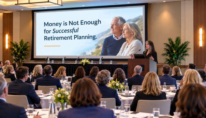 Esther presenting to a large group of people in an auditorium. The slide on the screen shows a smiling older couple and the text reads "Money is Not Enough for Successful Retirement Planning."